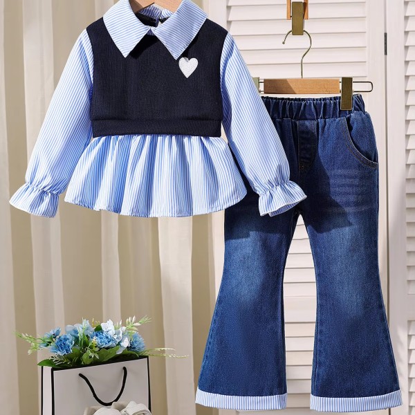Girl Clothing Set Supplier - Spring Knit Shirt Flared Jeans