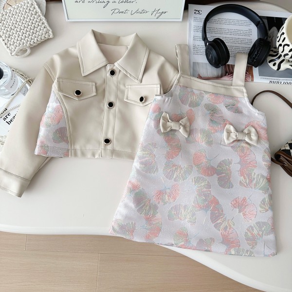 Girls Autumn Set Factory - Korean PU Jacket Strap Skirt