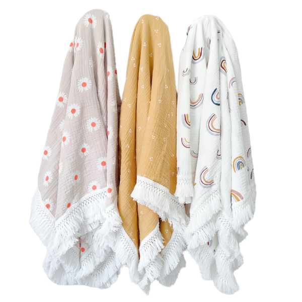 Muslin Swaddle Blanket Manufacturer - 100% Cotton 2-Layered Fringe
