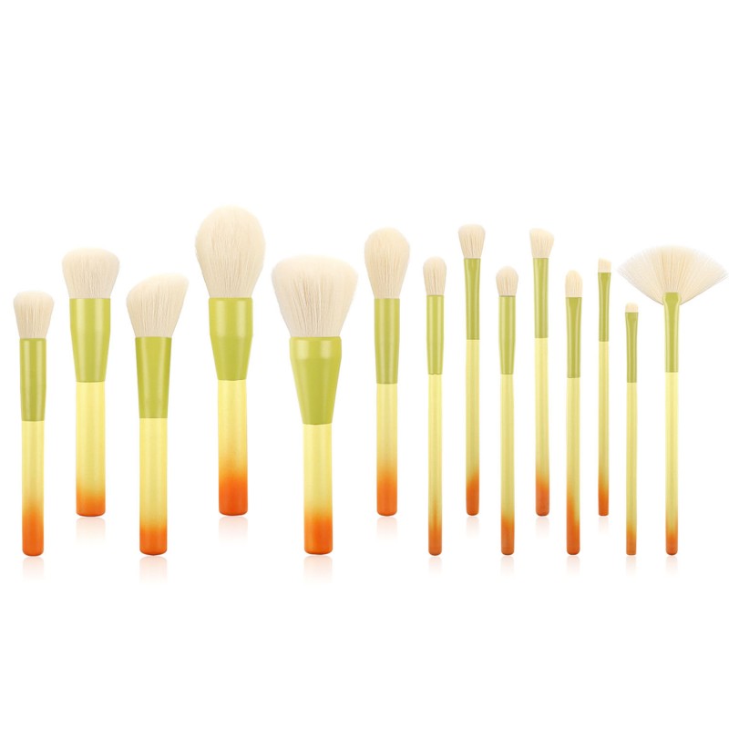 Makeup Brush Set Manufacturer - OEM 14pcs Yellow Beauty Set Wooden Handle