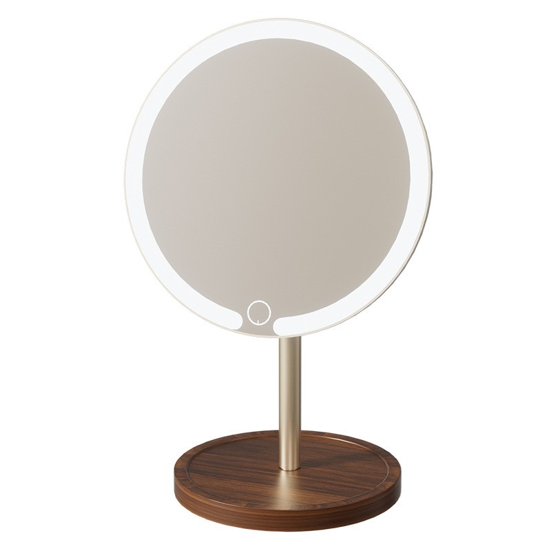 Makeup Mirror Manufacturer - Alloy Rod with Light Desktop Wooden Base Rotating