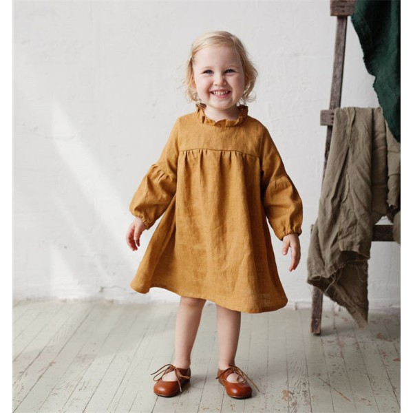 Girl Dress Supplier - Puff Sleeve Linen Cotton