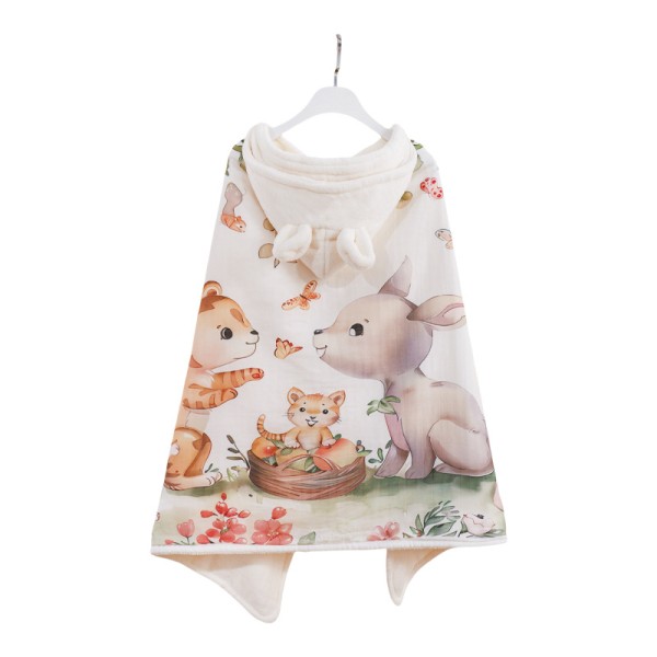 Children's Poncho Manufacturer - Printed Coral Velvet Rabbit Ear