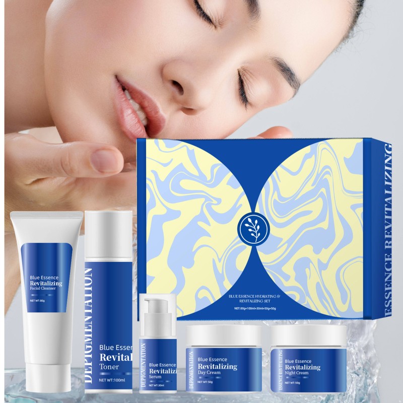 Organic Blue Essence Skincare Kit Brightening and Hydrating Revitalizing Face Care Set with Niacinamide Manufactured by Bright