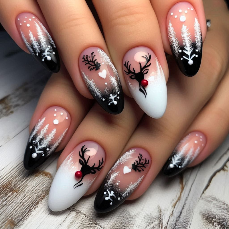 Christmas Elk Themed Almond Shape French Press on Nail Stickers Short Nails Tips Rhinestone Pattern