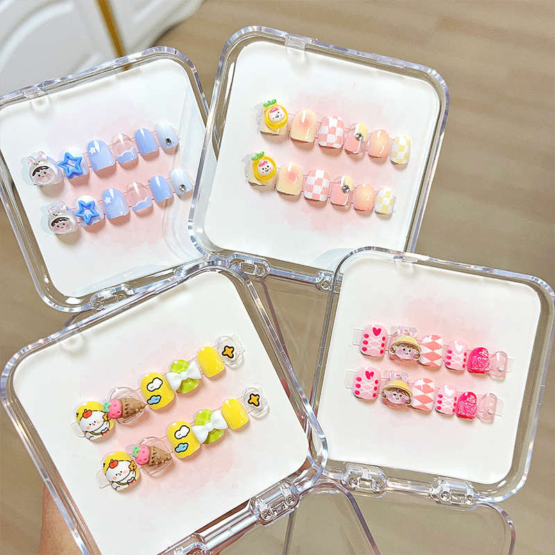 Cute Cartoon Children Nail Stickers Wearable Fake Nails Tips Finger Application Accessory Handmade Wearable Nails
