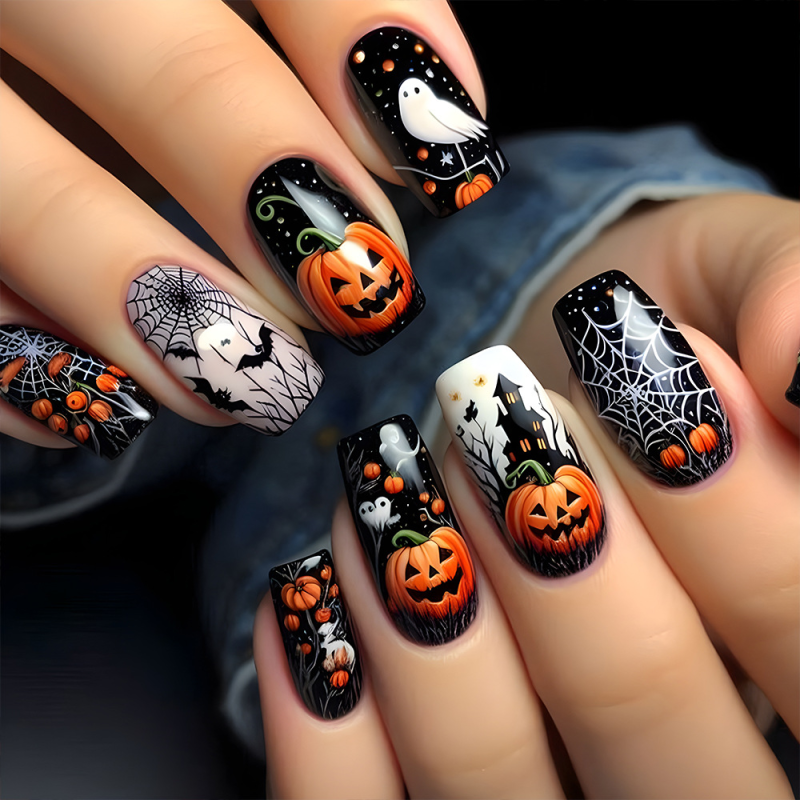 Halloween High-End Nail Art Pieces Pumpkin Lantern Ghost Nail Stickers Hot Selling Spider Web French French Onlays for Fingers