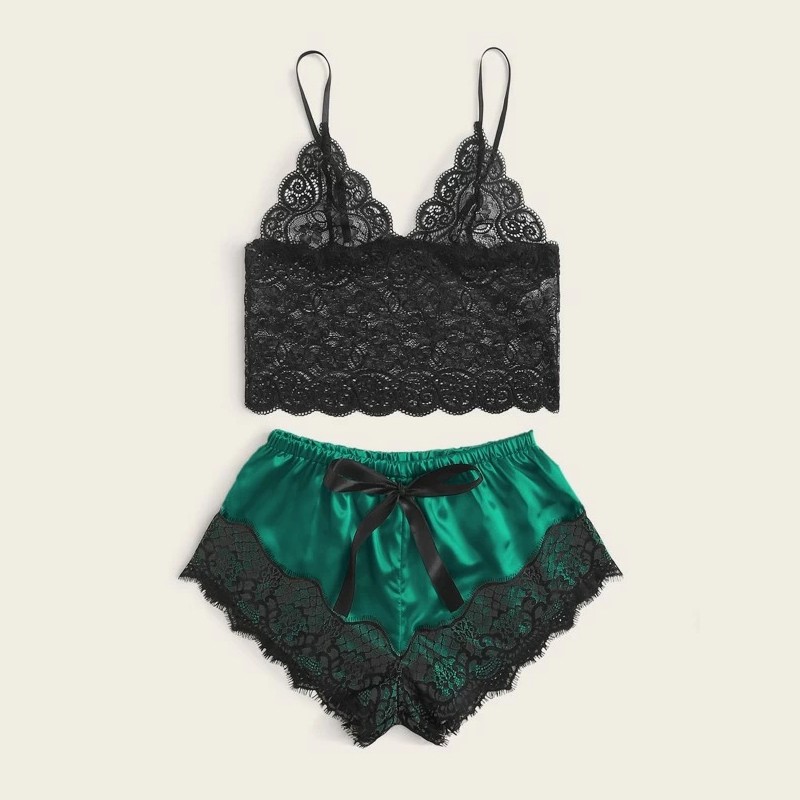 Wholesale Sexy Lace Sleepwear Set Short Breathable Satin Pajama Set 5colors Hollow Out Lace Night Wear Set Erotic Lingerie