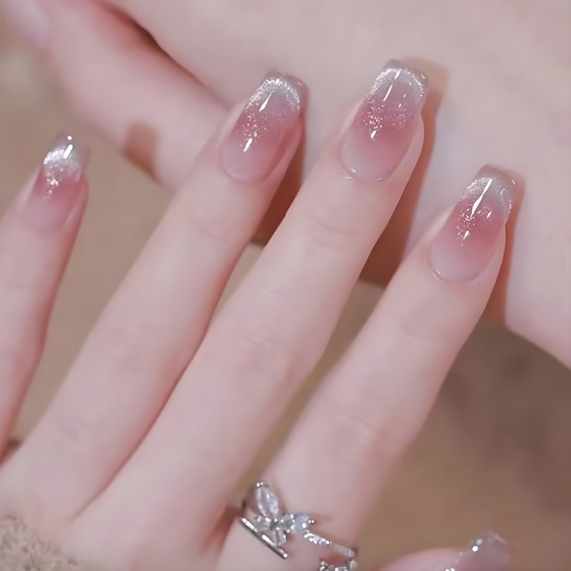 Pink Smile Cat Eye Short Nail Stickers 30PCS Blush Wearable Nail Decals for Fingers Brightening Crystal Nails Pieces