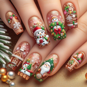 24pcs 3D Christmas Theme Embossed Snowman Nail Designs Art Decoration Wearable Fake Nail Stickers Christmas Nail Pieces
