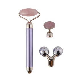 3 in 1 Electric Vibrating Jade Facial Stone Roller Set with 3 Replaceable Heads Rose Quartz Jade Face Lifting Massager Stick