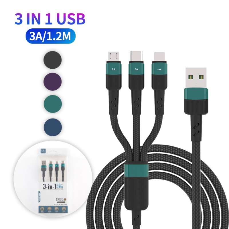 USB Cable Manufacturer - 3 in 1 Multi Charger Cable Nylon