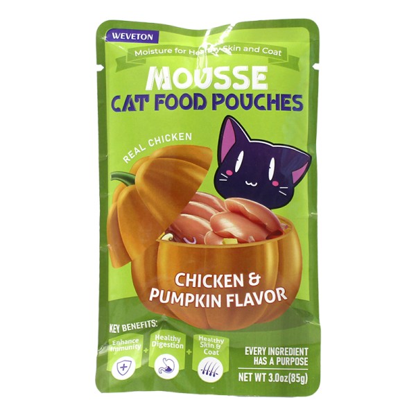 私人标签可接受的营养均衡的猫奶油湿食品，所有年龄85克与真正的蒸鸡胸猫湿食品小吃