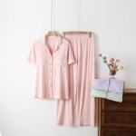 In Stock Luxury Ladies 93%Bamboo 7%Spandex Loungewear Sets With Padded Bust Support Short Sleeved Pants Bamboo Pajamas Set