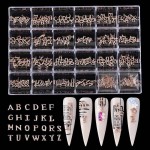 热卖新型金指甲水晶莱茵石英文3D字母指甲艺术魅力锆石钉盒指甲