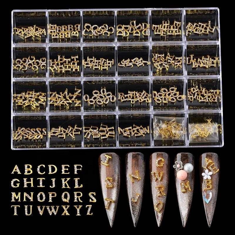 Hot Sale New Type Gold Nail Crystal Rhinestone English 3D Letters Nail Art Charms Zircon Stud Box for Nails