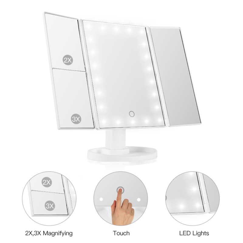 Makeup LED Mirror Lights Makeup Trifold Mirror 22 LED Vanity Lighted up Mirror With Touch Screen Dual Power Supply
