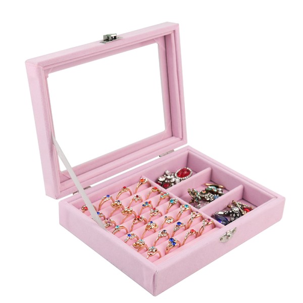 Velvet Jewelry Box Manufacturer - Glass Cover Ring Earring Display Holder