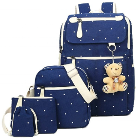 Backpack Set Supplier - 4Pcs Polka Dot Canvas School Bag for Girls