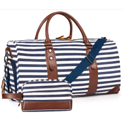 Weekender Bag Factory - 21\" Striped Canvas PU Leather Duffle Tote