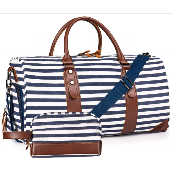 Weekender Bag Factory - 21\" Striped Canvas PU Leather Duffle Tote