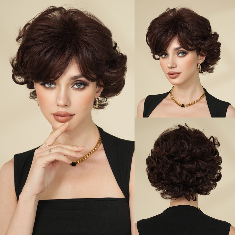 2025 Ladies Vintage Wig Brown Elf Short Hair 7080 S Chemical Fiber with Small Cap Wholesale Vintage Headgear