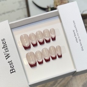 Nude Cat's Eye Nail Art Short French Style  Nail Patch Detachable Wine Red Square Pattern for Finger Application