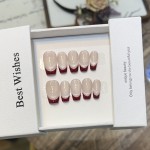 裸猫眼指甲艺术短法国风格指甲贴片可拆卸酒红色方形图案手指应用