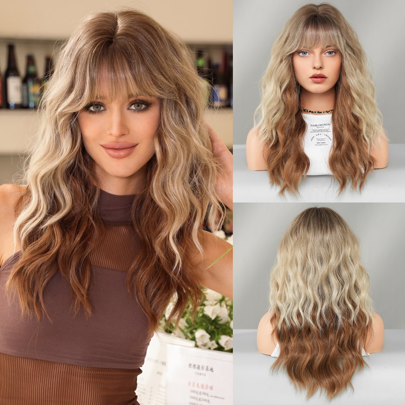 European Hair Manufactured Cross-Border Fluffy Natural Wig Set for Women Long Curly Beige Highlight Brown Hair Human Hair Wigs