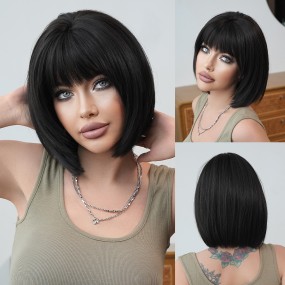 2025 Retro Smooth Black Wig with Small Hat Short Hair S Chemical Fiber Wholesale Headgear