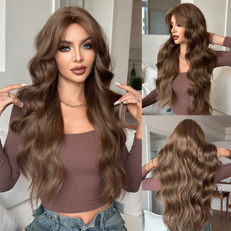 Warm Brown Women's Wig Daily Use Seamless Full Head Cover Big Wavy Curly Braids Long Hair for Natural Light Brown