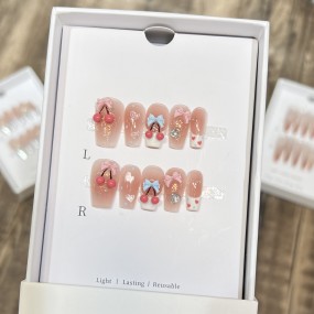 French Style Cherry Balls Bow Nail Art Design Cute Wind Blush Acrylic Nails Pure Hand-Worn Square Armor with Glue LB41