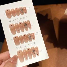 Aomian Milk Tea Time Nail Art Pure Hand-Wearing Armor Gentle White Gradient Croheart Nude French Style for Fingers