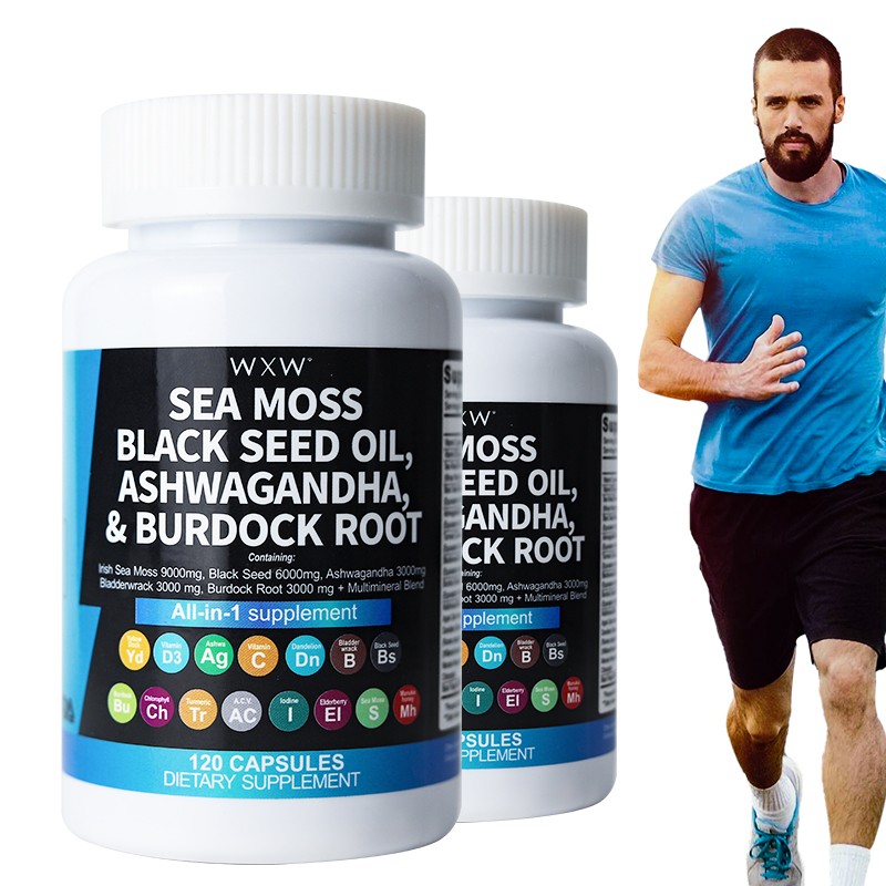 In Stock 9000mg Sea Moss Skin Care Hard Capsules Multimineral  Sea Moss 3000mg Black Seed Oil 2000mg Sea Moss Capsules