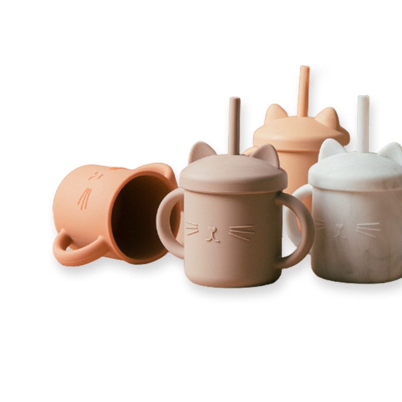 Silicone Sippy Cup Manufacturer - 200ml Portable Reusable Toddler Training Straw with Handle Cartoon Pattern
