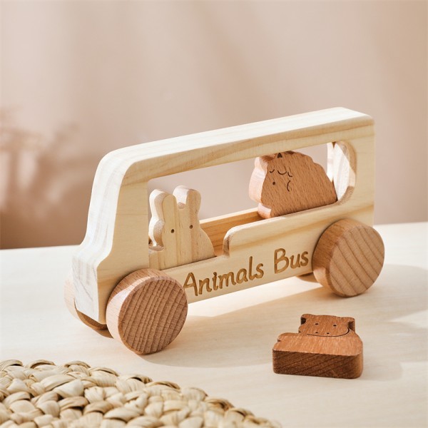 Wooden Bus Toy Manufacturer - Unisex Montessori Car PC Early Educational Animal Cognition Games for Baby