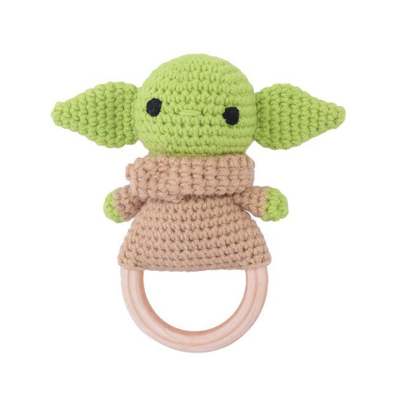 Wooden Rattle Teether Manufacturer - Handmade Crochet Yoda Teething Toy Newborn Gifts for Babies