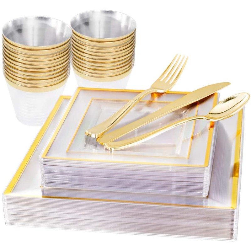 Disposable Tableware Set Supplier - OEM 25 Gold Silverware Plastic Plates