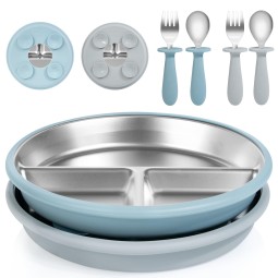 Baby Feeding Set Manufacturer - OEM 8in Stainless Steel Divided Plate with Spoon Fork
