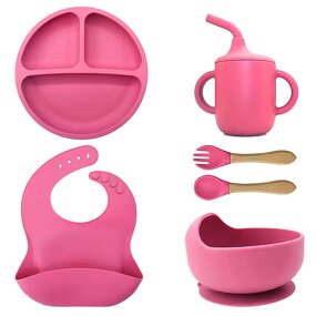 BPA Free Baby Feeding Set Manufacturer - OEM 6 Piece Silicone Bowl Plate Wooden Spoon Fork