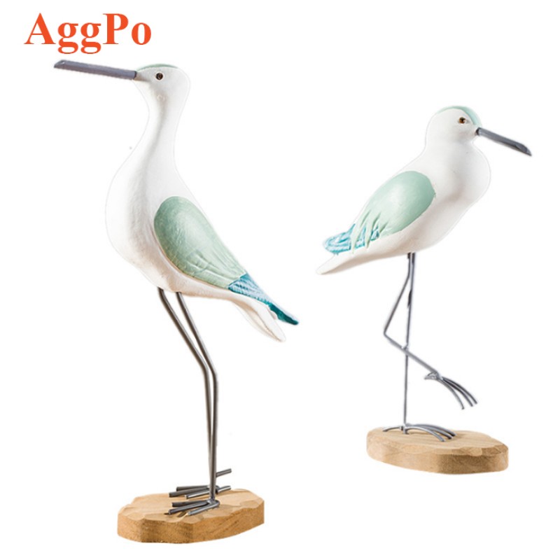 Seagull Statue - Wood Bird Decor 2pc