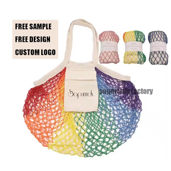 Custom Mesh Bag Manufacturer - Promotional Rainbow Cotton Net String Shopping Bag