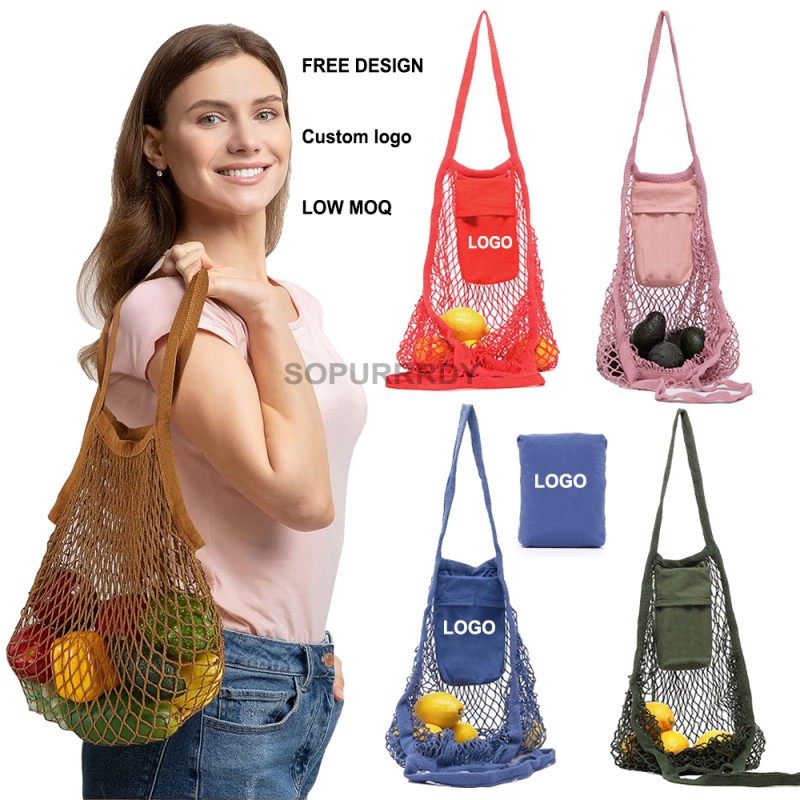 Custom Tote Bag Factory - Collapsible Reusable Cotton Mesh Market Shopping Bag