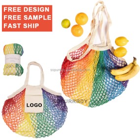 Custom Tote Bag Factory - Colorful Gradient Reusable Cotton Mesh Beach Bag