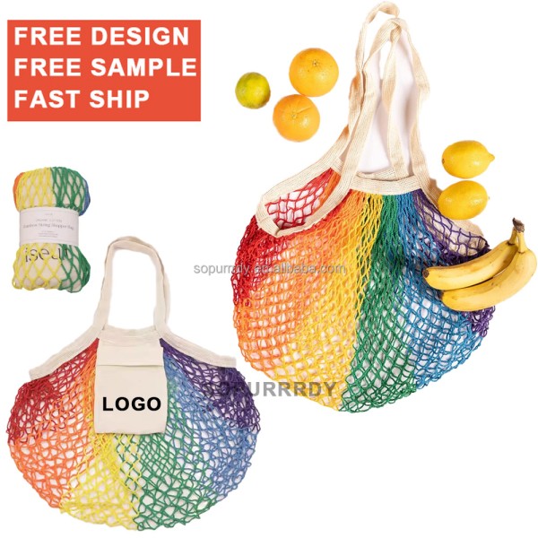 Custom Tote Bag Factory - Colorful Gradient Reusable Cotton Mesh Beach Bag