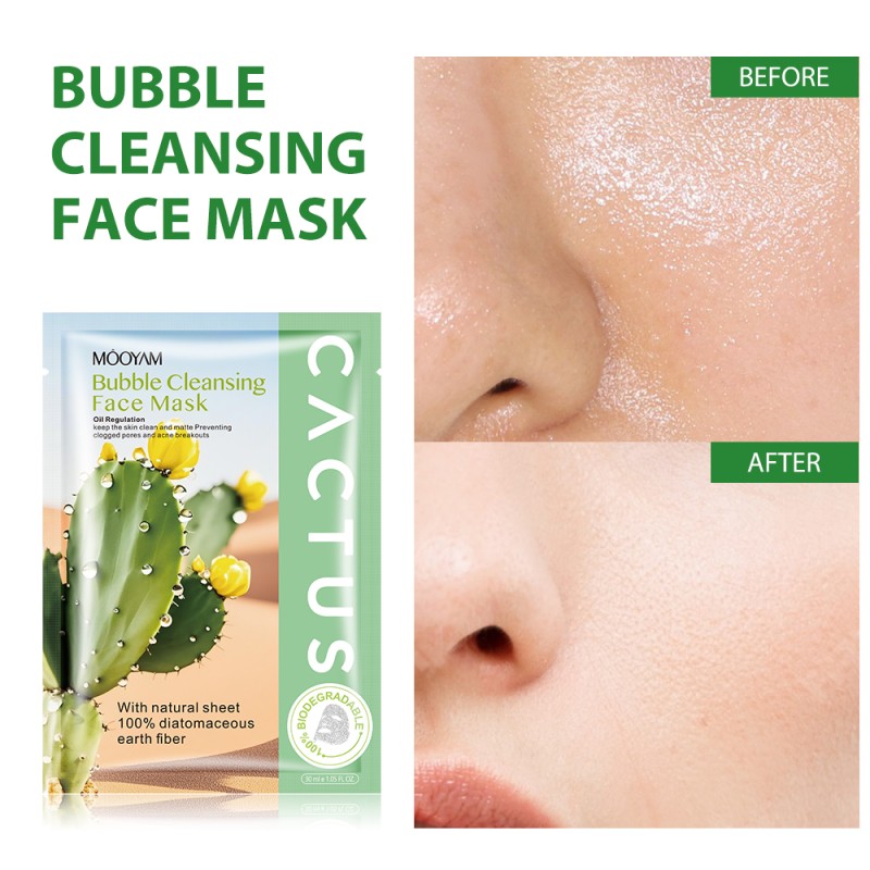 Private Label Hot Sale MOOYAM Cactus Bubble Mask 30ml Single Pack Pore Minimizing Oil Control Self Foaming Facial Cleansing Mask