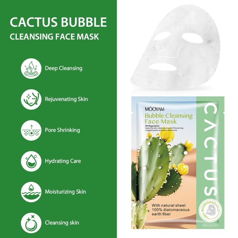 Private Label Hot Sale MOOYAM Cactus Bubble Mask 30ml Single Pack Pore Minimizing Oil Control Self Foaming Facial Cleansing Mask