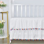 Crib Skirt Factory - White Pompom Microfiber Embroidered