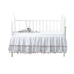 Crib Skirt Factory - White Pompom Microfiber Embroidered
