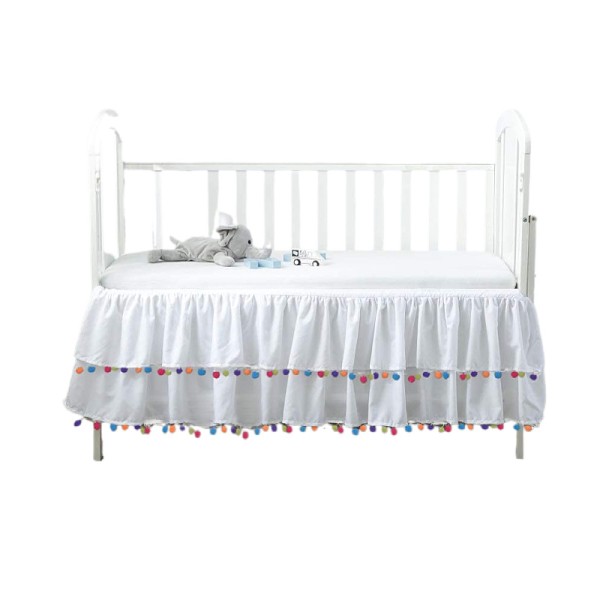 Crib Skirt Factory - White Pompom Microfiber Embroidered
